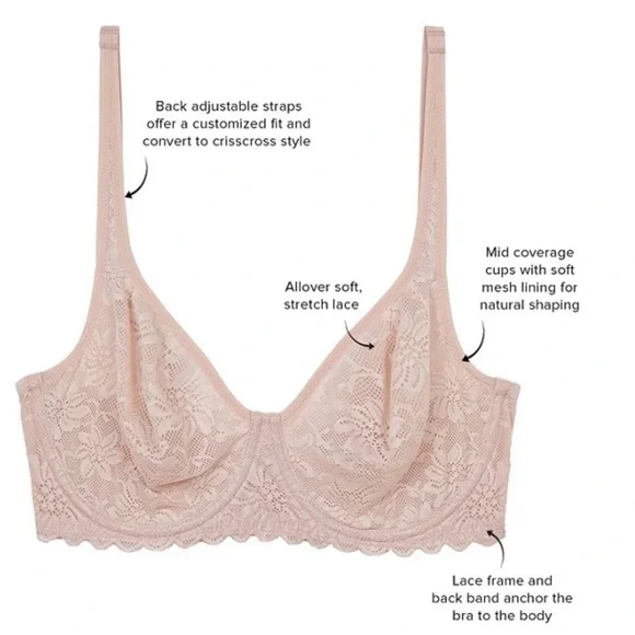 Wacoal Soft Sense Blush Lace Underwire Bra Blush Nude 34G Convertible Straps - Picture 3 of 7